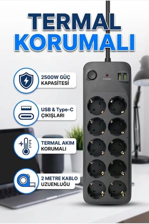 10’lu Termal Korumalı Grup Priz 2500W – USB ve Type-C Çıkışlı 2 Metre Kablolu