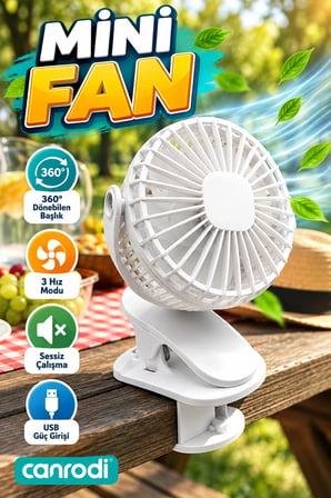 360° Döner Başlıklı Mandallı USB Mini Fan – 3 Hızlı Taşınabilir Sessiz Fan