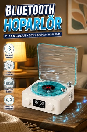 Vintage Tasarımlı Bluetooth Hoparlör Saatli Gece Lambası 3'ü 1 Arada