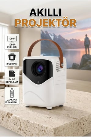 Akıllı Taşınabilir Projektör – 1080P Full HD, 64GB Hafıza, 2GB RAM, Uzaktan Kumandalı