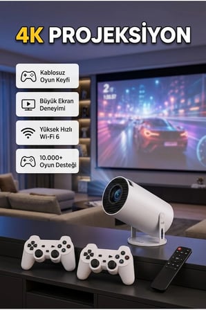 4K Projeksiyon Cihazı – Wi-Fi 6, Bluetooth 5.0 ve 10.000+ Oyun Desteği