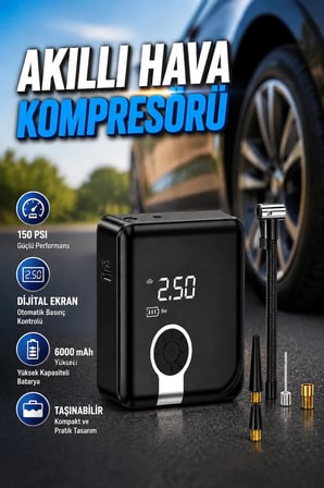 Taşınabilir Akıllı Hava Kompresörü 150 PSI Dijital Ekranlı 6000 mAh Bataryalı