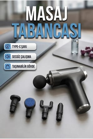 Mini Kas Masaj Tabancası 6 Kademeli 4 Başlıklı USB Type-C Şarjlı Vücut Masaj Cihazı