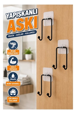 3’lü Yapışkanlı Çok Amaçlı Askı Seti – Mutfak ve Banyo İçin