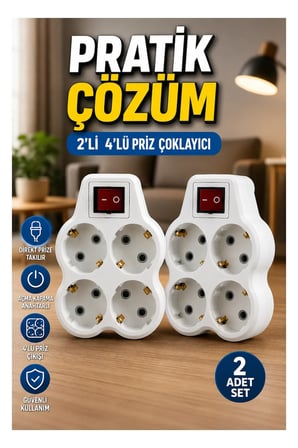 Anahtarlı 4’lü Priz Çoklayıcı 2’li Set – Direkt Prize Takılan Adaptör