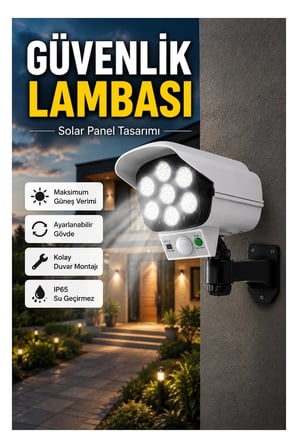 Güneş Enerjili 77 LED Güvenlik Lambası – PIR Hareket Sensörlü, Kamera Görünümlü, IP65