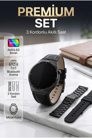 AMOLED Ekranlı Bluetooth Aramalı Akıllı Saat 3 Kordon Setli Metal Deri Silikon
