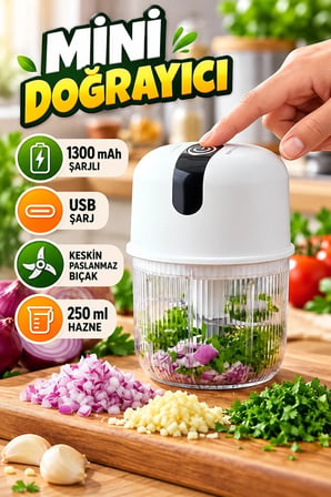 250 ml USB Şarjlı Mini Sarımsak ve Sebze Doğrayıcı – 1300 mAh