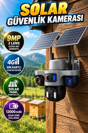 Solar Arıcı Güvenlik Kamerası 9MP 3 Lens 4G SIM Kartlı 12000mAh Gece Görüşlü