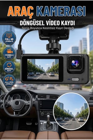 Full HD 3 Kameralı Araç DVR Kamera Sistemi Ön İç ve Arka Kayıtlı