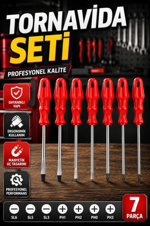 7 Parça Profesyonel Tornavida Seti Düz ve Yıldız Uçlu Kutulu Vidalama Seti