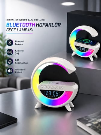 15W Bluetooth 5.0 Hoparlör Kablosuz Şarj LED Gece Lambası Stereo Ses Güçlü Bas