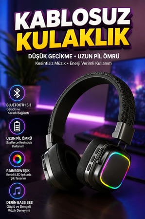 Bluetooth 5.3 Rainbow LED Işıklı Kulak Üstü Kablosuz Kulaklık