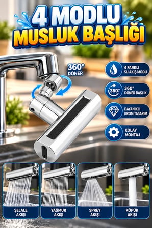 4 Modlu Musluk Başlığı | Şelale, Yağmur, Sprey ve Köpük Akış Seçenekli | 360° Döner Ergonomik Tasarım