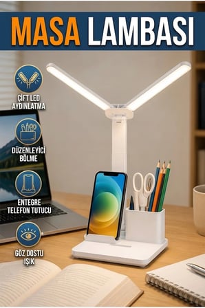 3’ü 1 Arada LED Masa Lambası Kalemlik ve Telefon Standlı Ayarlanabilir Çalışma Lambası