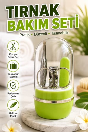 Yeşil Taşınabilir Tırnak Bakım Seti – Cımbız, Makas, Tırnak Makası ve Törpü