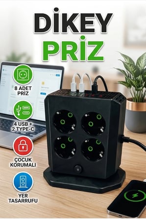 Dikey Priz Kulesi 8'li AC Priz 4 USB 2 Type-C Çocuk Korumalı Güç Dağıtıcı