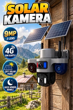 3 Lensli 9MP Güneş Enerjili Çiftlik Kamerası – 4G SIM Kartlı Çift Solar Panelli