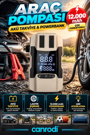 12.000 mAh Akü Takviye ve Lastik Şişirme Cihazı – Dijital Ekranlı Powerbank