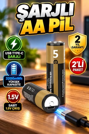 USB Type-C Şarjlı AA Lityum Pil 1.5V 3200mWh – Hızlı Şarjlı 2’li Paket