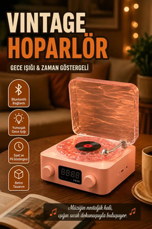 Vintage Bluetooth Hoparlör – Gece Lambalı ve Saat Göstergeli Retro Tasarım