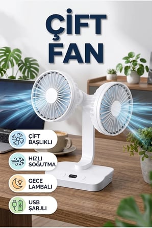Çift Başlıklı USB Şarjlı Masaüstü Fan Gece Lambalı Ayarlanabilir Hızlı Serinletici