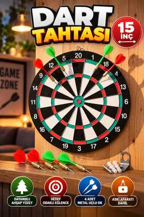 15 İnç Ahşap Dart Tahtası – 4 Metal Uçlu Dart Oku ve Askı Aparatı