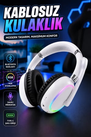 RGB Aydınlatmalı Beyaz Kablosuz Bluetooth Kulaklık – Mikrofonlu ve Type-C Şarjlı