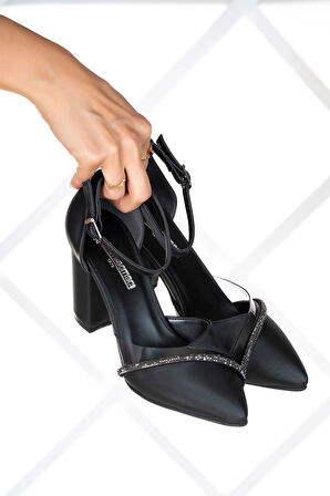 Samira Siyah Saten Taşlı Şeffaf Tasarımlı Ayakkabı