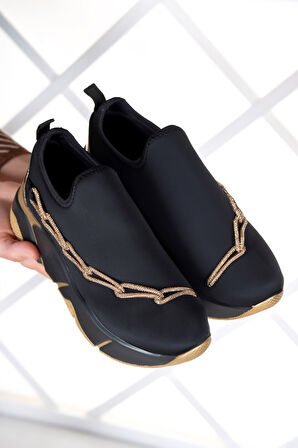 Maggie Siyah Streç Altın Zincirli Sneaker