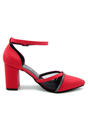 Molly Kırmızı Saten Taşlı Fileli Kalın Topuklu Ayakkabı 7 cm.
