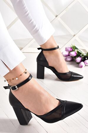 Diana Siyah Vegan Fileli Kalın Topuklu Ayakkabı