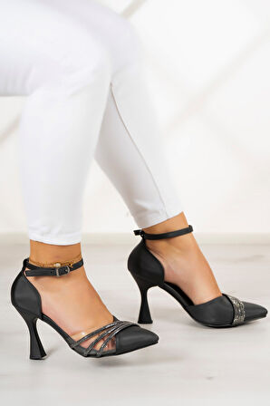 Çağla Siyah Saten Taşlı Şeffaf Tasarımlı Ayakkabı