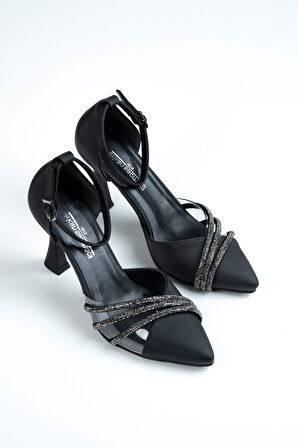 Çağla Siyah Saten Taşlı Şeffaf Tasarımlı Ayakkabı