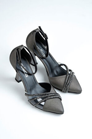 Çağla Antrasit Saten Taşlı Şeffaf Tasarımlı Ayakkabı