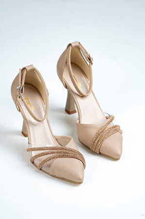 Çağla Ten Saten Taşlı Şeffaf Tasarımlı Ayakkabı