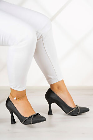 Abby Siyah Saten Burma Taşlı Abiye Ayakkabı