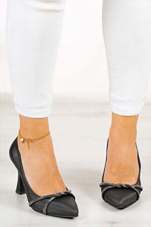 Abby Siyah Saten Burma Taşlı Abiye Ayakkabı