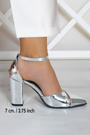 Erkan Saçmacı Aurora Gümüş Ayna Şeffaf Tasarım Sivri Burun Kalın Topuklu Klasik Ayakkabı
