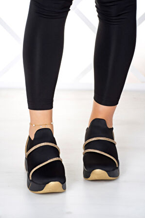 Barbara Siyah Streç Altın Taşlı Sneaker