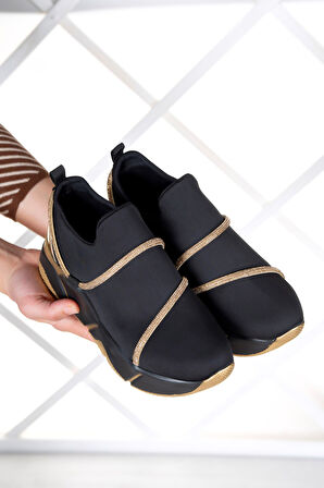 Barbara Siyah Streç Altın Taşlı Sneaker