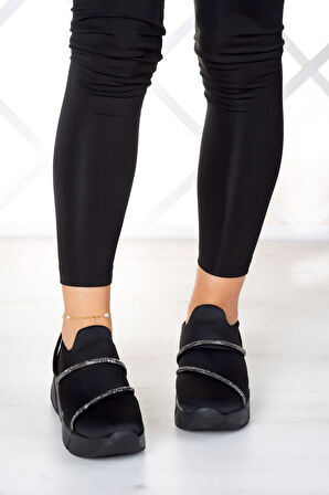 Barbara Siyah Streç Gümüş Taşlı Sneaker