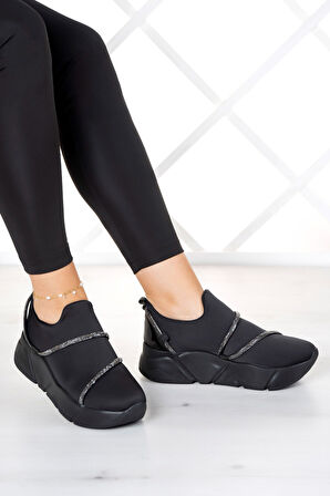 Barbara Siyah Streç Gümüş Taşlı Sneaker