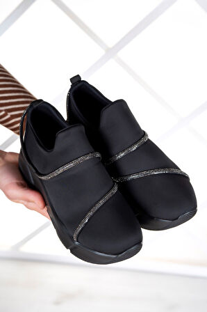 Barbara Siyah Streç Gümüş Taşlı Sneaker