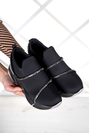 Barbara Siyah Streç Platin Taşlı Sneaker