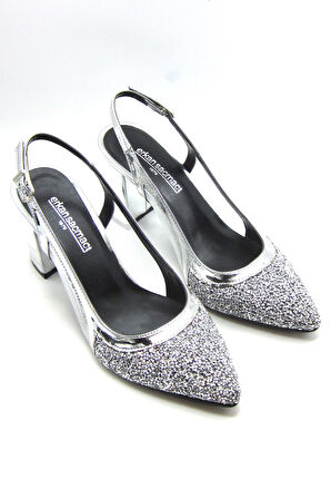 Panula Exclusive Gümüş Taşlı Fileli Arkası Açık Abiye Ayakkabı