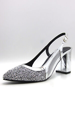 Panula Exclusive Gümüş Taşlı Fileli Arkası Açık Abiye Ayakkabı