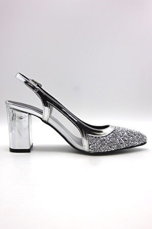 Panula Exclusive Gümüş Taşlı Fileli Arkası Açık Abiye Ayakkabı