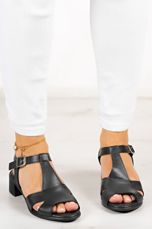 Helene Siyah Hakiki Deri Topuklu Sandalet