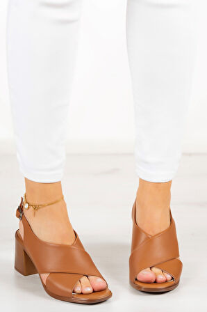 Soleil Taba Hakiki Deri Topuklu Sandalet